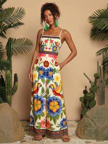 Travachic Woven Printed Loose Wide Leg Jumpsuit For Women - Blue - View 1