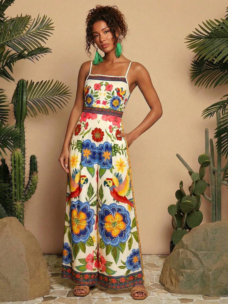 Travachic Woven Printed Loose Wide Leg Jumpsuit For Women - Blue - View 1