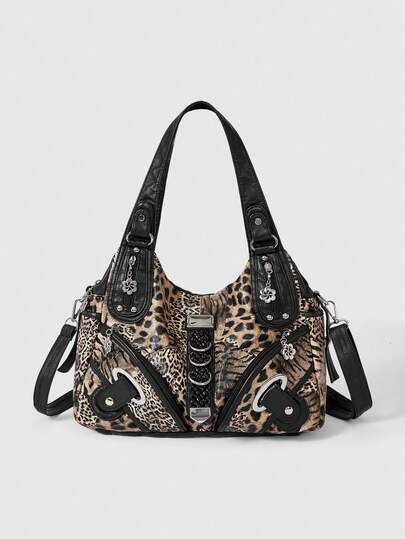 Grunge Punk Borsa da donna con stampa leopardata alla moda, borsa casual punk, borsa a spalla da donna retrò stile motocicletta