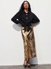 Maija Chân váy nữ dáng chữ A rộng rãi, cạp cao, ôm sát, đính sequin, phù hợp cho đi làm, công sở, thường ngày, dự tiệc, đám cưới, mùa hè, ngày Valentine, năm mới, kiểu dáng thanh lịch và thời trang. - Rượu sâm banh - Xem 7