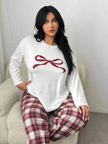 Auralis Women's Casual Daily Homewear Valentine's Day Vintage Solid Color Round Neck Long Sleeve Bow Print & Red Plaid Belted Ankle Pants 2-Piece Set/Plus Size Casual Homewear Set/Back To School Set/ Valentine's Day /Valentine Outfits For Women Loungewear Women Sleep Wear Women Lounge Wear Pajama Sets For Women Comfy Sets Women Comfy Lounge Wear Women's Lounge Wear Women's Pajama Set Long Sleeve Top Plaid Pajama Pants - Multicolor - View 7
