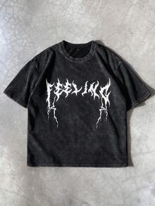 PAVTROS 男士街头风-INS风水洗面料深色字母印花T恤，适合音乐节、夜店、男友/老公礼物、周年纪念礼物 - 黑色 - 查看 3