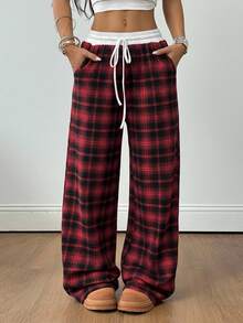 SHEIN PETITE CURVE Quần ống rộng kẻ caro dáng rộng, cạp chun, thích hợp cho mùa thu. - Màu Đỏ Sâu - Xem 4