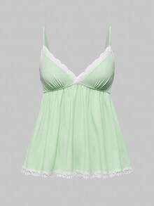 ROMWE Women's Summer Contrast Lace Camisole Top And Shorts Pajama Set - Green - View 7