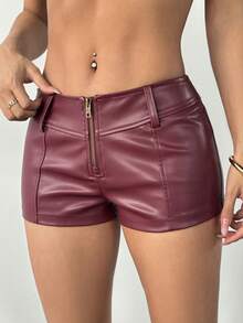 SHEIN PETITE Quần short nữ màu trơn, khóa kéo phía trước, kiểu dáng thường ngày, quần short siêu ngắn, quần short da. - Màu Đỏ Sâu - Xem 8