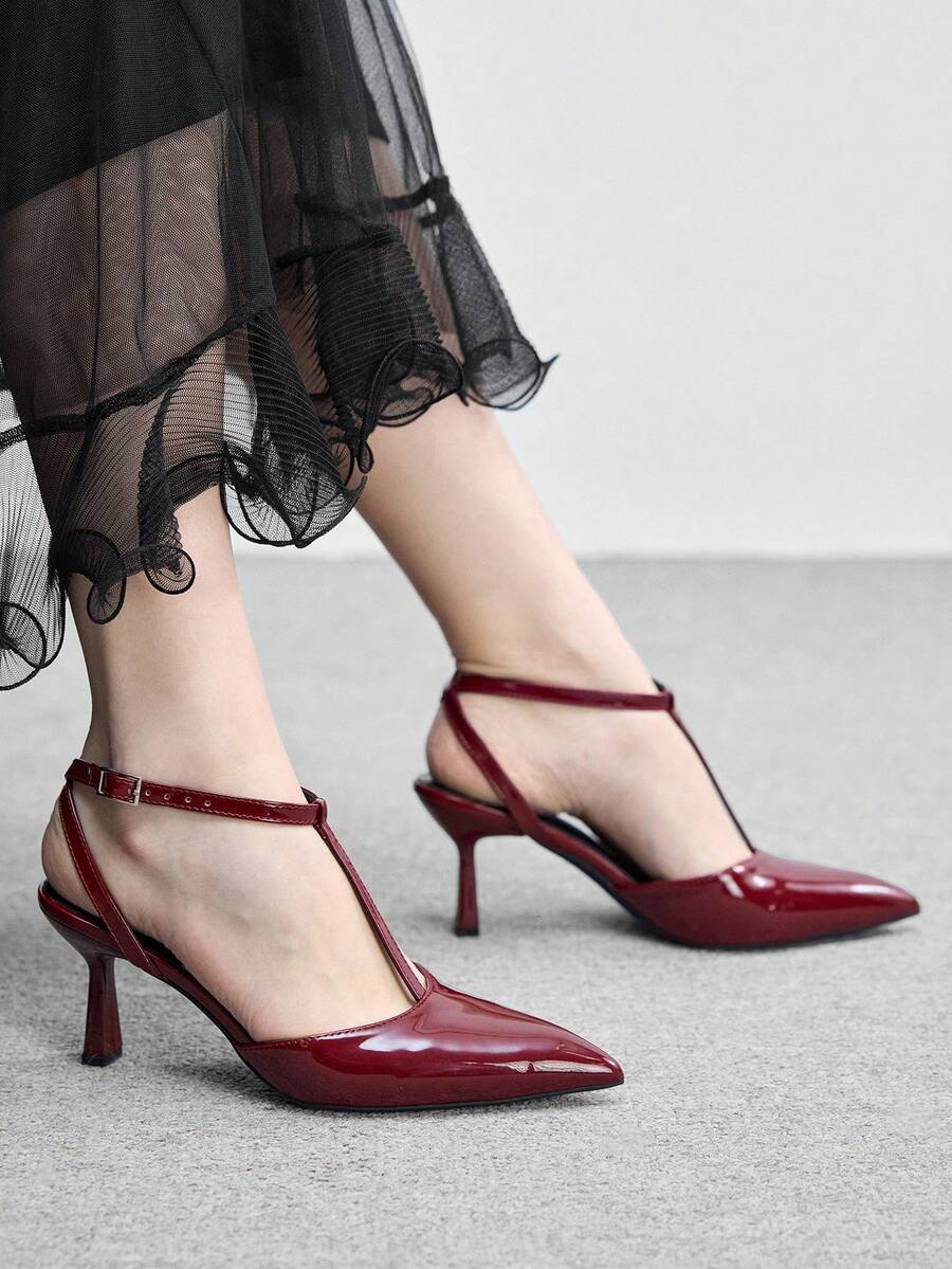 CUCCOO BIZCHIC Women's Pointed Toe Buckle Design Fashionable High Heels, Versatile For Daily Wear - Burgundy - View 1