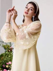 Al Najma Elegant Butter-Yellow Dress In Arabic Style For Women, With A Gorgeous Beaded Embroidered Collar And 3D Butterfly Sequin Embroidery. - Yellow - View 4