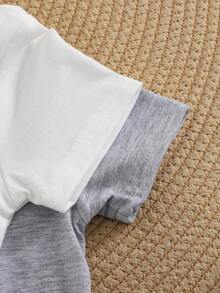 SHEIN 女婴平领平袖连体衣，前开襟按扣设计，刺绣图案，夏季款 - 彩色 - 查看 4