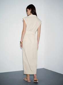 Lumivelle Women's New Short Sleeve Shirt Collar Button Front Belted Dress, Elegant Casual Fashion, Spring/Summer - Apricot - View 2