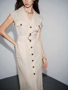 Lumivelle Women's New Short Sleeve Shirt Collar Button Front Belted Dress, Elegant Casual Fashion, Spring/Summer - Apricot - View 5