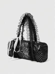 ROMWE Kawaii Tas Tangan Bulat Putih Bermotif Pita Lucu Bergaya Vintage, Tas Bahu Boston untuk Wanita, Gaya Feminin - Catatan musik bintang - View 2