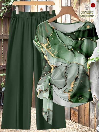 SHEIN Clasi Casual Minimalist Style Green Faux Foil Abstract Floral Pattern Women's Shirt With Tie Bow And Loose Straight Leg Pants Two Pieces Set, Suitable For Autumn/Winter, Vintage Look Spring