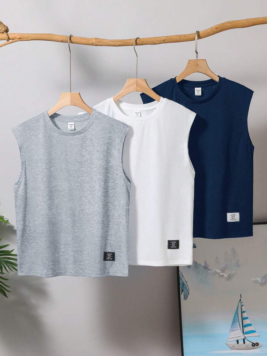 SHEIN Bộ 3 món đồ dành cho bé trai tuổi teen, phong cách đường phố thường ngày, màu trơn, in chữ, cổ tròn, dáng rộng, không tay, chất liệu dệt kim, 3 màu. - Màu xanh hải quân - Xem 1