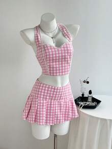 Elamini Women's Plaid Halter Top And Mini Skirt 2 Pieces Set - Pink - View 4