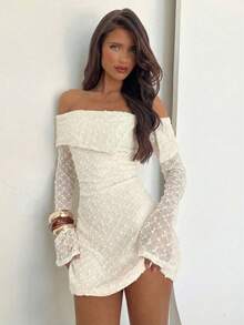 Aloruh 女士优雅提花露肩修身迷你连衣裙，适合派对和约会，春夏款 - 杏色 - 查看 7