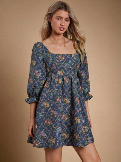 WESTFADE 花卉提花方领褶皱露背短泡泡袖迷你连衣裙，休闲可爱波西米亚风，适合秋季、冬季、乡村音乐会、西部风格场合，女士服装