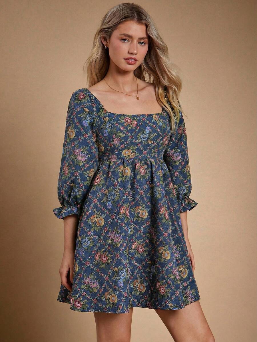 WESTFADE Đầm ngắn tay phồng, cổ vuông, lưng nhún, chất liệu jacquard, họa tiết hoa, phong cách boho dễ thương, thích hợp cho mùa thu, đông, đi xem hòa nhạc đồng quê, trang phục miền Tây cho nữ. - Xanh đậm - Xem 1