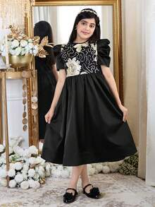 SHEIN Tween Girl Fashionable & Elegant Round Neck Short Sleeve Dress Tween Dresses Puff Sleeve Black And Gold Girls Dress, Tween Girl - Black - View 3