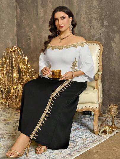 EMERY ROSE 大码女式收腰喇叭袖优雅露肩上衣，斋月服装