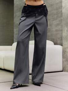 INAWLY Women's Casual Commuter Striped Contrast Lace Straight Pants - Grey - View 3