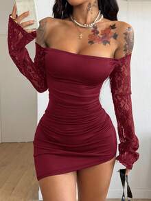 Coolane Đầm ôm sát hở vai bằng vải dệt kim dành cho nữ - Đỏ - Xem 5