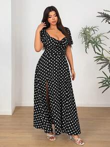 Sunnyshic Abito sexy con spacco alto e stampa a pois per donne taglie forti - nero - Visualizzare 5