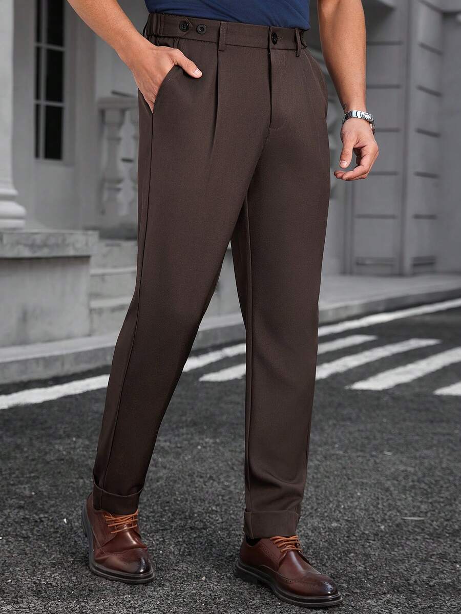 Manfinity Bizformal 男士复古都市通勤百搭加厚弹力腰修身商务休闲裤 - 棕色 - 查看 1