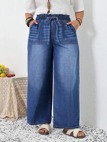 SHEIN Tall CURVE Quần jeans nữ cỡ lớn mùa hè và xuân, cạp chun, túi, ống rộng, dáng suông, thoải mái, co giãn, cạp chun đàn hồi. - Rửa tối - Xem 5