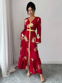 Elenzga 女士优雅时尚通勤休闲舒适迷人复古浪漫假日度假长袖V领收腰A字下摆金色花卉饰边花卉箔印连衣裙 - 紅色 - 查看 6