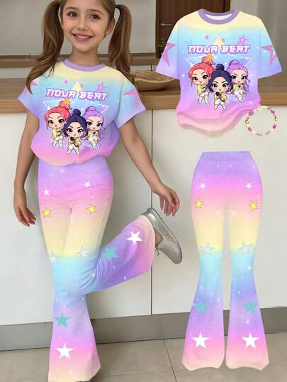 1 Set Girls Casual Cute Cartoon Girl Gradient Colorful K-POP Girl Print Short Sleeve T-Shirt And Flare Pants Outfit, Suitable For Outdoor Wear In Summer