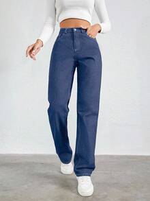 100%Cotton Slant Pocket Straight Leg Jeans - Royal Blue - View 4