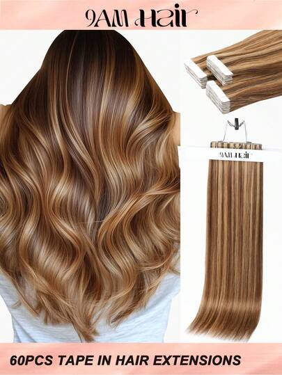60pcs Tape In Hair Extensions 100% Human Hair #P4/27 Middle Brown And Blonde Straight Style In 14-22 Inch Lengths Extensions Silky Seamless Invisible Top Quality Thick Ends Healthy Human Hair Extensions For Thin Hair And Salon Use