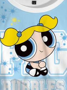 THE POWERPUFF GIRLS X SHEIN Camiseta de mujer de cuello redondo y manga corta con estampado de burbujas - Blanco - Ver 3