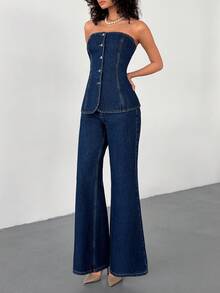 EURMUSE Women's Single-Breasted Denim Bustier Top And Denim Flare Pants Fashion Set - Medium Wash - View 3