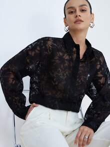 Aveloria Modichic Áo kiểu dài tay cổ bẻ bằng vải chiffon mỏng nhẹ, tối giản, dễ phối đồ, màu đen trắng chấm bi, dành cho nữ. - màu đen - Xem 1