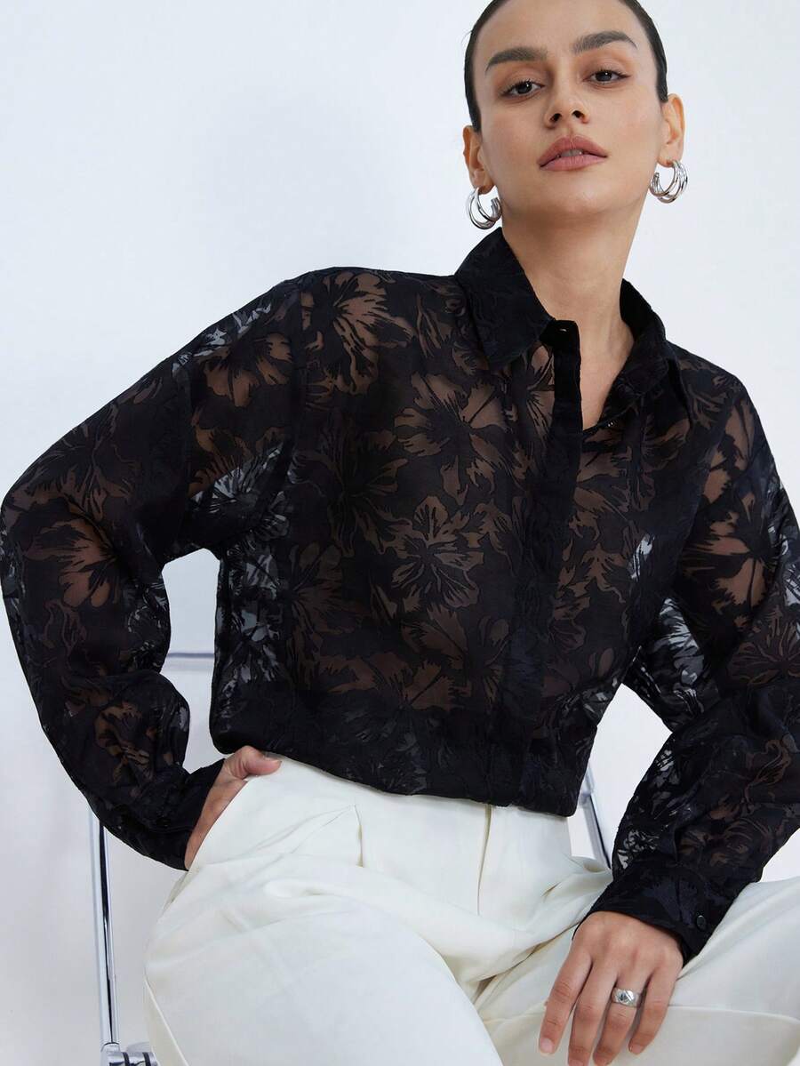 Aveloria Modichic Áo kiểu dài tay cổ bẻ bằng vải chiffon mỏng nhẹ, tối giản, dễ phối đồ, màu đen trắng chấm bi, dành cho nữ. - màu đen - Xem 1