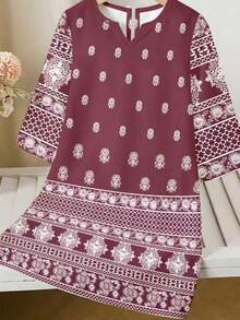 SHEIN 年轻女孩复古优雅印花长袍，土耳其长袍和阿拉伯传统长袍，端庄长袍，阿拉伯风格长袖V领宽松长裙，适合节日、日常穿着、外出、度假等场合，阿巴雅，传统阿拉伯服装，贾拉比亚，阿巴雅，阿巴雅，阿巴雅，蕾丝 - 白色 - 查看 6