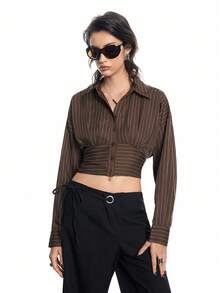 Airlisse Women's Spring/Summer New Ruched Pleated Brown Striped Elegant Fashionable Urban Chic Long Sleeve Blouse - Brown - View 5