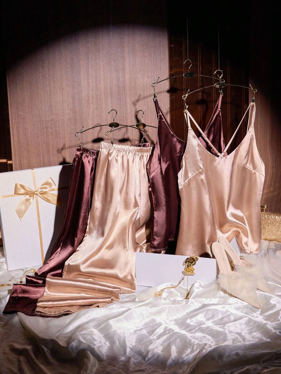 SHEIN 2pcs Set: Criss-Cross Back Spaghetti Strap Faux Silk Camisole Top And Long Pants Pajama Set - Multicolor - View 1