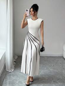 Elenzga Women's Elegant Sleeveless Dress With Contrast Piping Waist Detail, Summer - Apricot - View 4