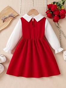 Elladie kids 少女珍珠点缀领口红白中长连衣裙，甜美优雅风格，适合派对、日常穿着、春秋季及圣诞节等场合。 - 紅色 - 查看 2