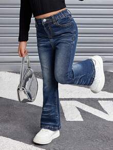 SHEIN SLAYR KIDS Young Girl' Ruffled Wavy Blue Denim Flared Jeans