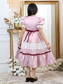 SHEIN Tween Girl Elegant Light Pink & White Color Block Ruffle Lace Trim Puff Sleeve Midi Princess Dress, Tween Girl Vintage Autumn Tea Party Dress, Partywear - Pink - View 10
