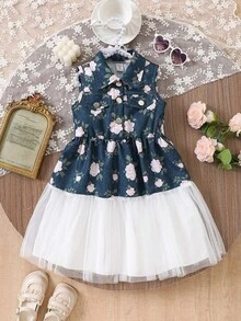 Elladie kids 女童牛仔碎花无袖连衣裙，甜美元素，牛仔布上身饰以清新白色碎花，翻领设计，仿口袋，纽扣闭合，多层薄纱裙摆，休闲可爱风格，轻盈透气，适合春夏日常穿着和派对场合。 - 藍色 - 查看 6