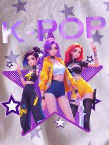 Camiseta corta básica y relajada con estampado de letras, gráficos de estrellas y cuadros coloridos, diseño fresco y sencillo, ideal para niñas jóvenes, uso diario cómodo, apropiada para primavera, verano y otoño - Multicolor - Ver 6