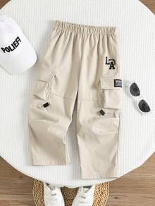 男童休闲时尚街头通勤字母贴布翻盖口袋工装裤，夏季宽松工装裤，Y2K风格 - 卡其色 - 查看 7