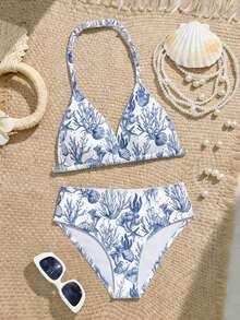 少女比基尼套装，可爱蓝色海星贝壳印花，针织面料，可调节颈带，两件式泳衣，时尚优雅，适合游泳、夏季度假、海滩、泳池、节日派对 - 白色 - 查看 3