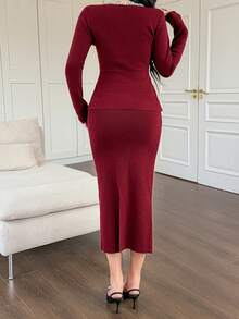 DAZY 优雅女士高端精致优雅套装：长袖荷叶边衬衫和铅笔裙两件套 - 酒紅色 - 查看 3