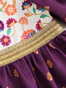 SHEIN 少女编织花卉撞色圆领休闲连衣裙 - 紫色 - 查看 11