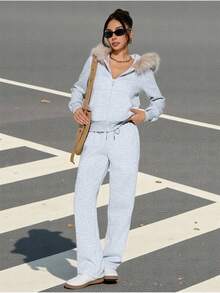 SHEIN PETITE 2 Pieces Women's Autumn Winter Casual Plush Thickened Fur Collar Hoodie And Sweatpants Set Halloween Costumes Women Christmas Costumes Gothic Women's Clothing,Fall - Grey - View 10